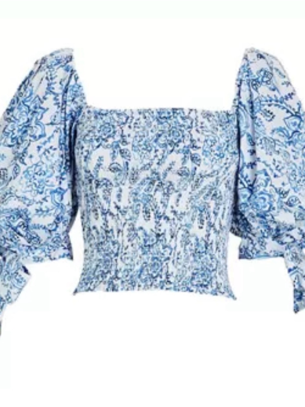 Caroline Constas Blue and White Paisley Puff-Sleeve Smocked Crop Top